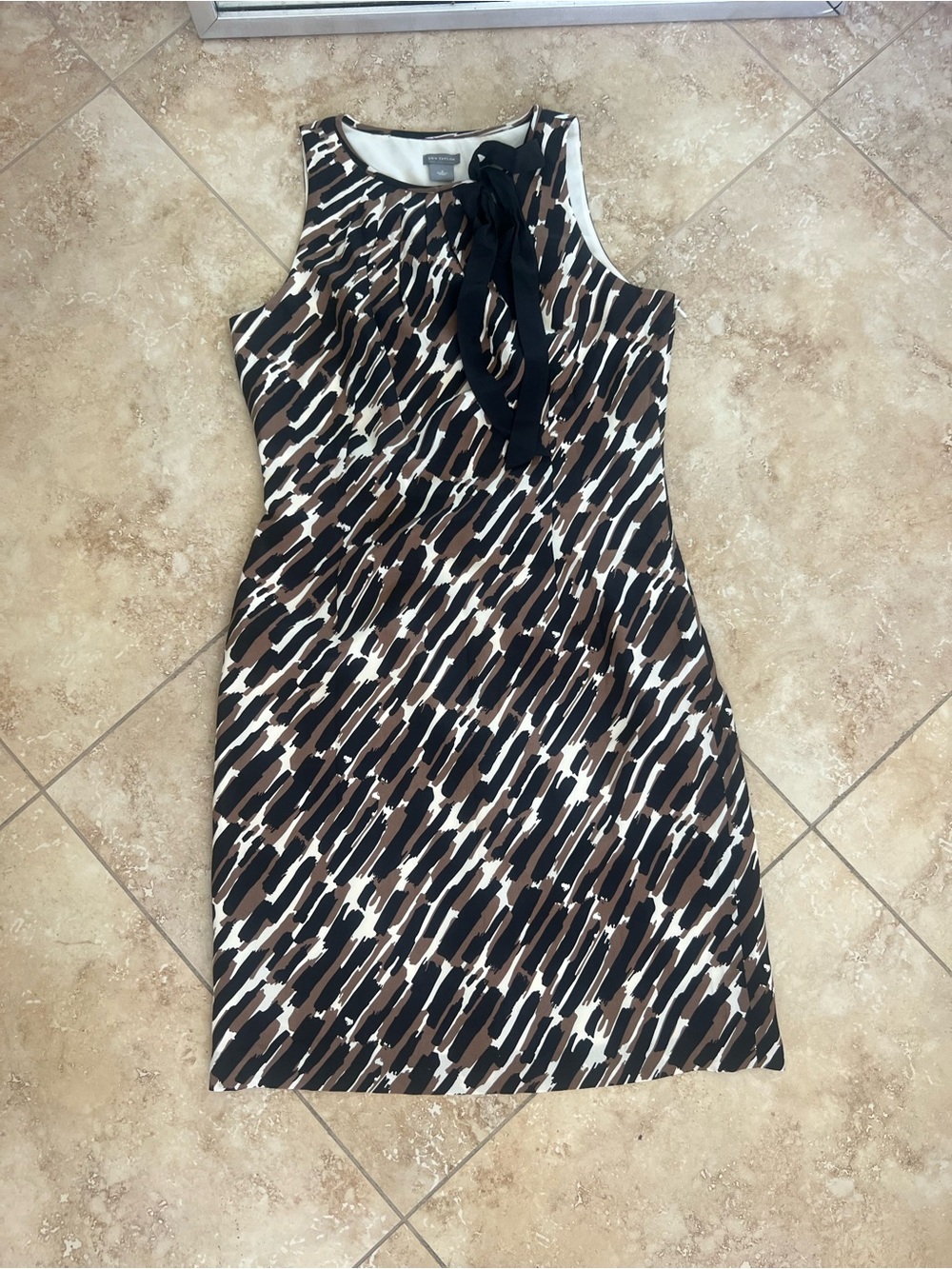 Ann Taylor Brown Black White Printed Tie-Neck Mini Dress